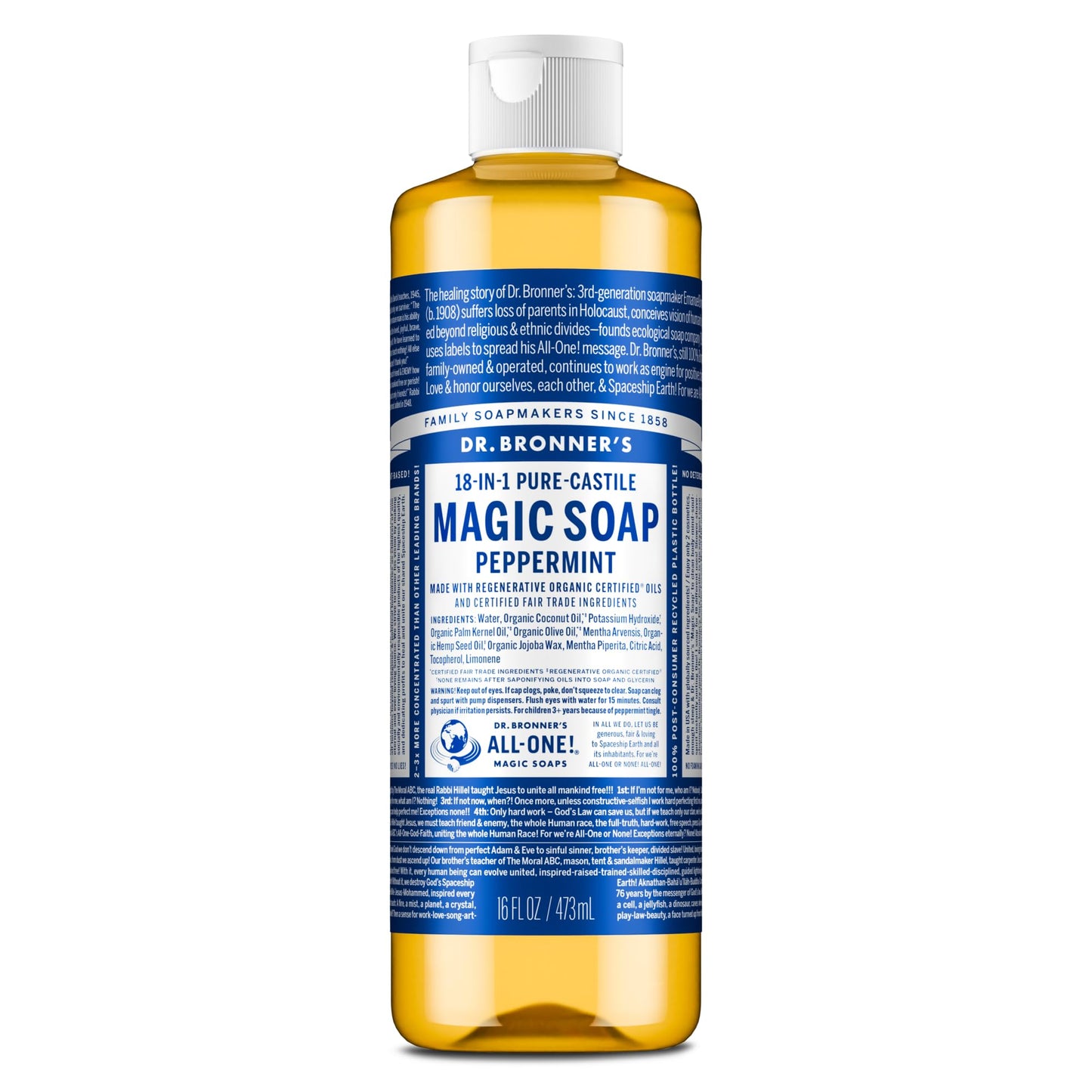 Dr. Bronner's - Pure-Castile Liquid Soap (Peppermint, 16 ounce) - Made with Organic Oils, 18-in-1 Uses: Face, Body, Hair, Laundry, Pets and Dishes, Concentrated, Vegan, Non-GMO