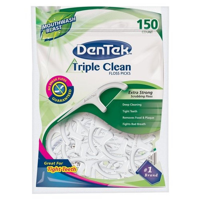 DenTek Triple Clean Advanced Clean Floss Picks, No Break & No Shred Floss, 150 Count (Pack of 2)