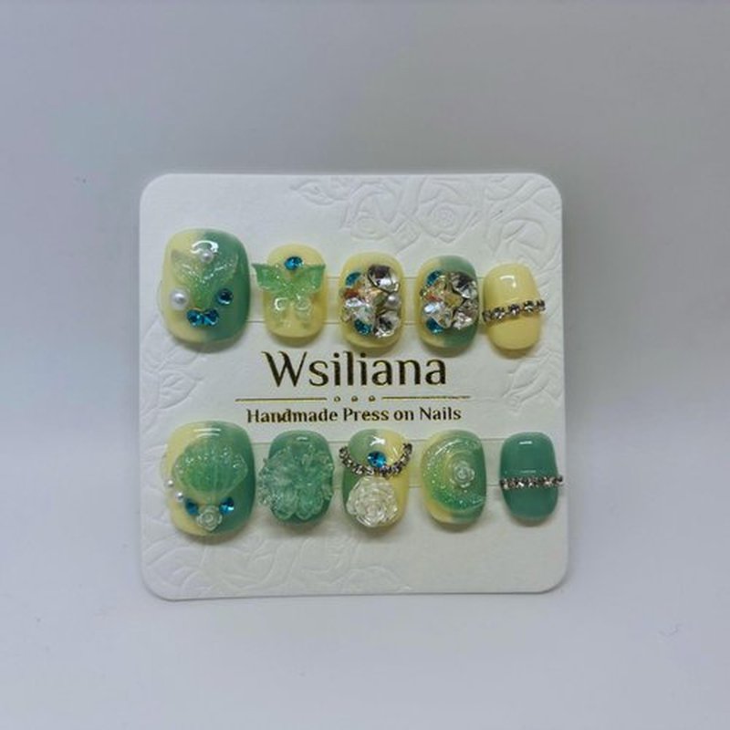 Wsliana Handmade Press On Nails - Short Round Shape with Shell, Moon, Fish Tail, Butterfly, and Diamond Decorations, 10pcs Glue On Acrylic Fake Nails with Storage Box | Stylish and Creative (033 S)