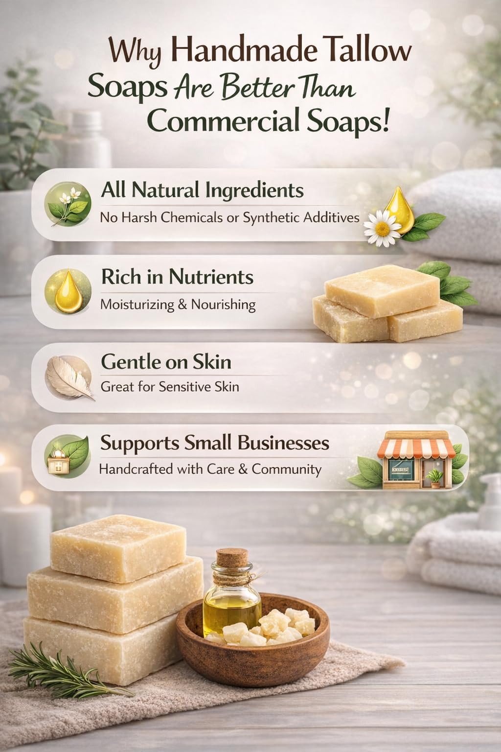 Handmade in USA Natural Tallow Soap, Scent - Sweet Lemon, set of 3