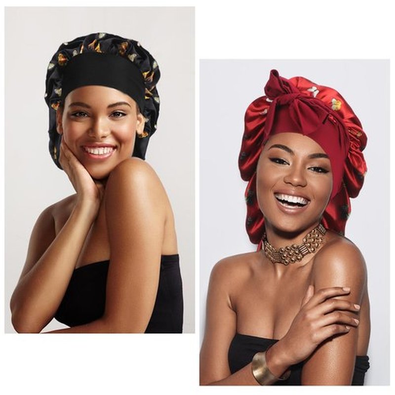Arqumi Satin Silk Bonnet for Sleeping Women - 2 Pcs Large Long Strap Tie Band Adjustable Sleep Night Shower Cap Hair Bonnet Wrap for Men Reusable, Butterfly Pattern Black+Red
