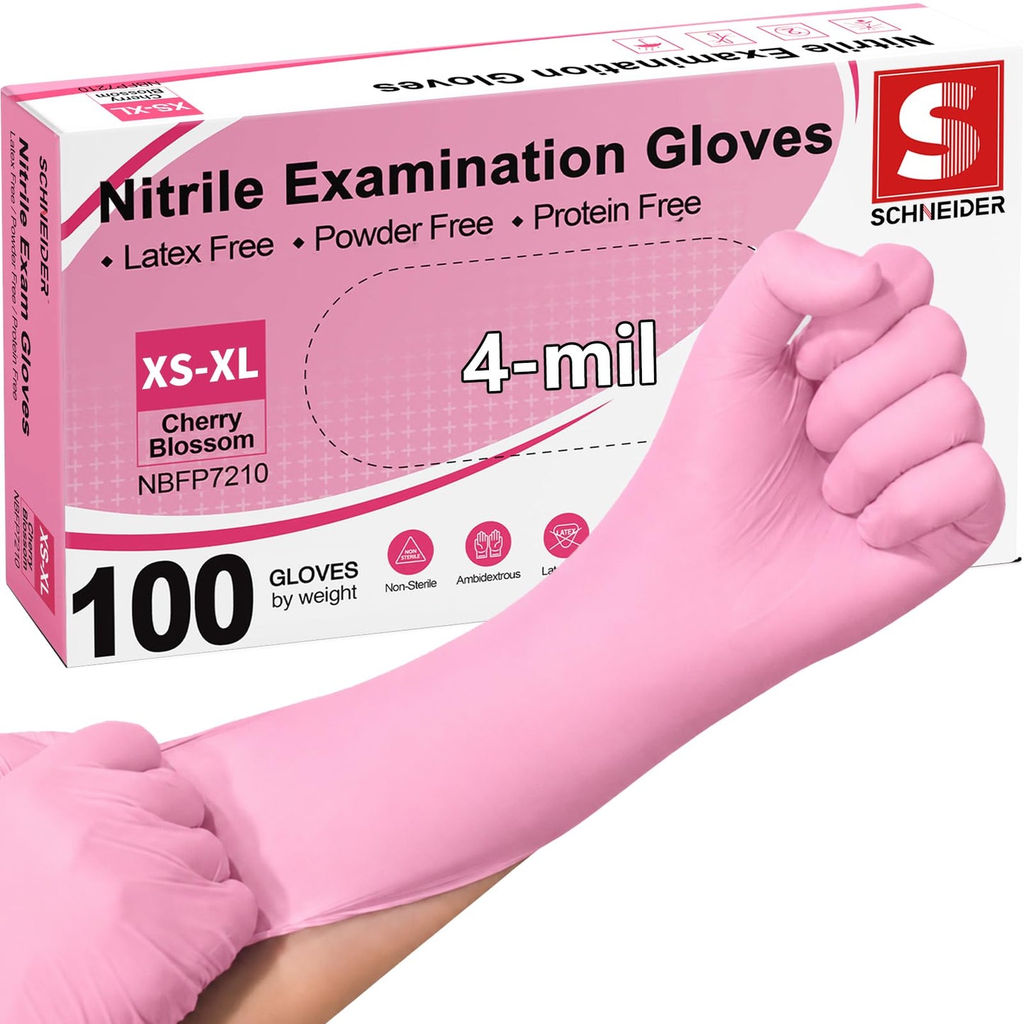 Schneider Medical Nitrile Exam Gloves, 4-mil Medical Gloves Disposable Latex Free, Powder Free, Food Safe Glove for Cooking, Cleaning, Examination, Cherry Blossom, Medium, 100-ct Box