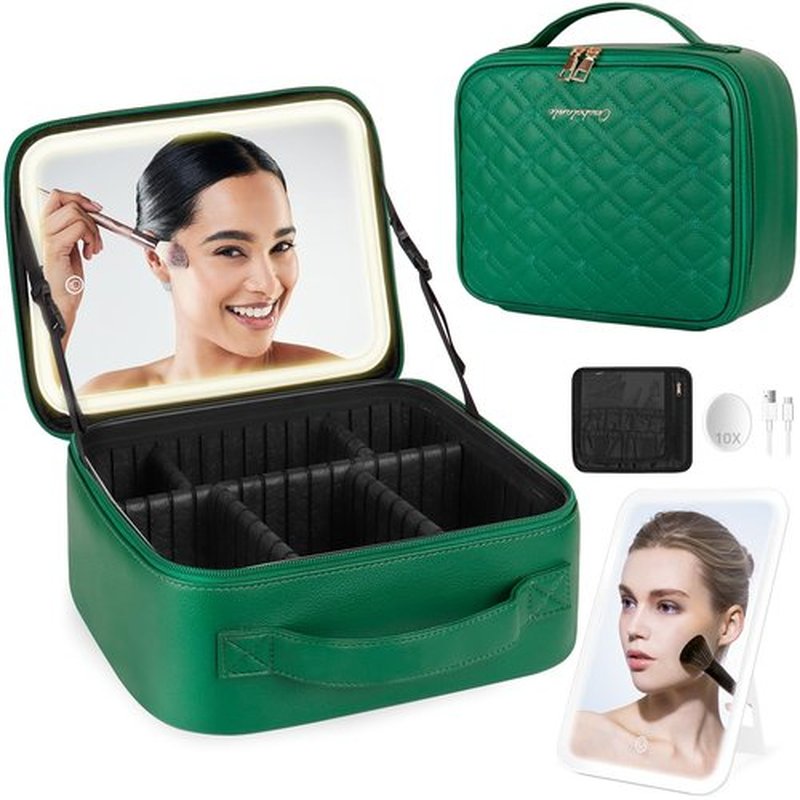 PEEH Makeup Bag with Lighted Mirror, Travel Make up Train Case with Rechargable Compact Vanity Mirror and 10x Magnifying Mirror, Adjustable Dividers Cosmetics Organizer for Women (Green)