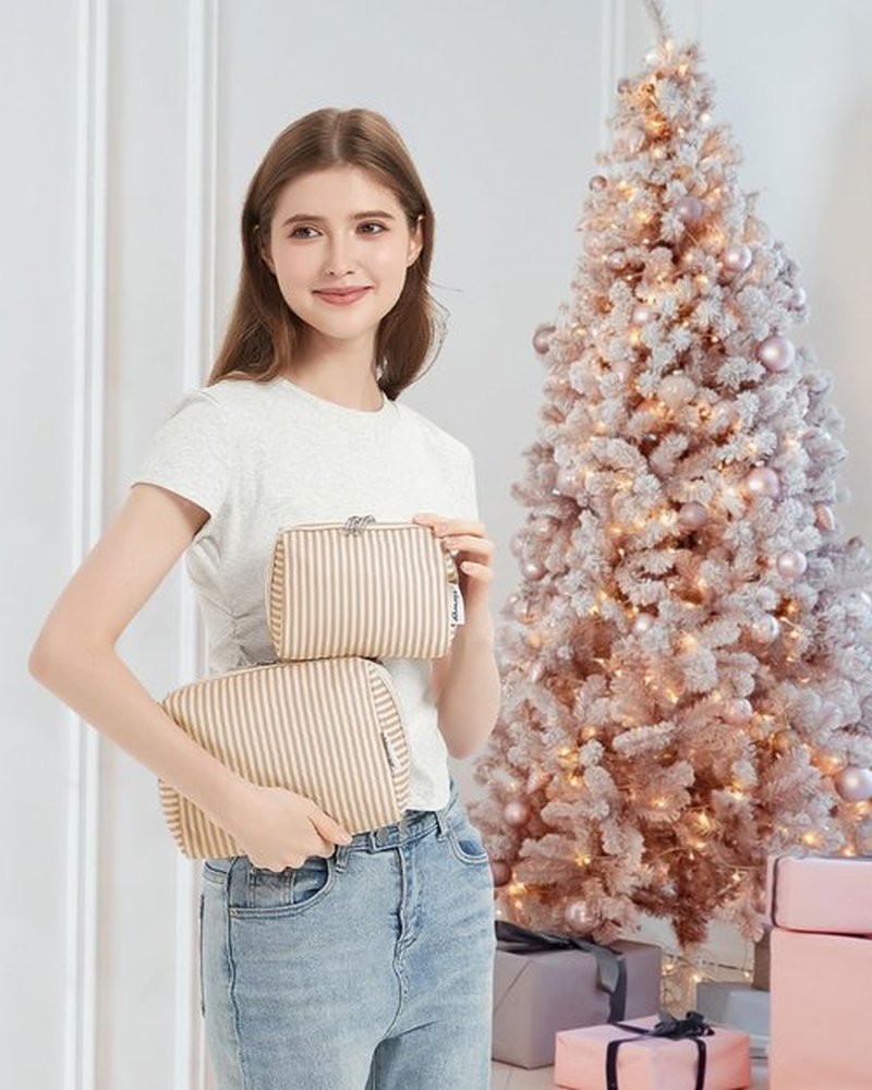 Narwey Striped Makeup Bag Travel Cosmetic Bag Organizer Toiletry Bag Make Up Bags with Compartments for Women (Large, Light Brown Stripe)