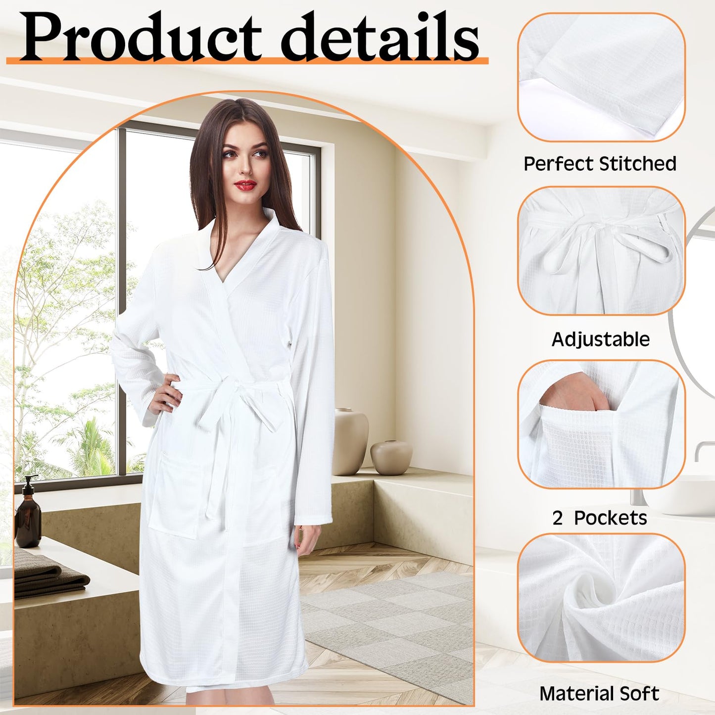 Handepo 2 Sets Waffle Bath Robe Set Unisex Hotel His and Hers Robes Couples Lightweight Knit Spa Bathrobe Slipper Hair Towel(White,L)