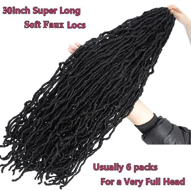 Faux Locs crchet hair 30inch 6packs Super Soft Long Locs Goddess Locs Crochet Hair Natural Pre Looped Natural Crochet Braid Curly Wave Braiding Hair（30inch #1b 6packs)