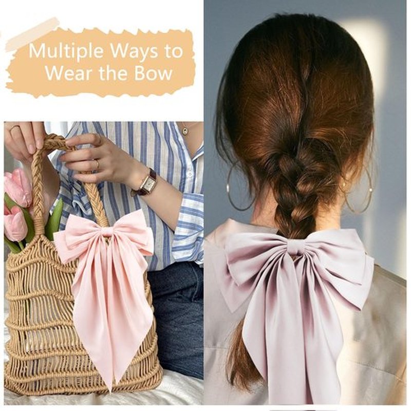 Atoden Hair Bows Silky Satin Bows for Hair Ribbons 4Pcs Coquette Oversized Long Tail Hair Bow Clips Barrettes Neutral Big Bowknot Hair Accessories for Women Girl Trendy Stuff Gifts