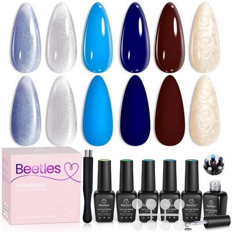 Beetles Winter Cat Eye Gel Polish, Blue Brown Gel Nail Polish, 6 Color Charm Metamorph Theme with Magnet Nail Gel Polish for Salon Gel Manicure Nail Art DIY