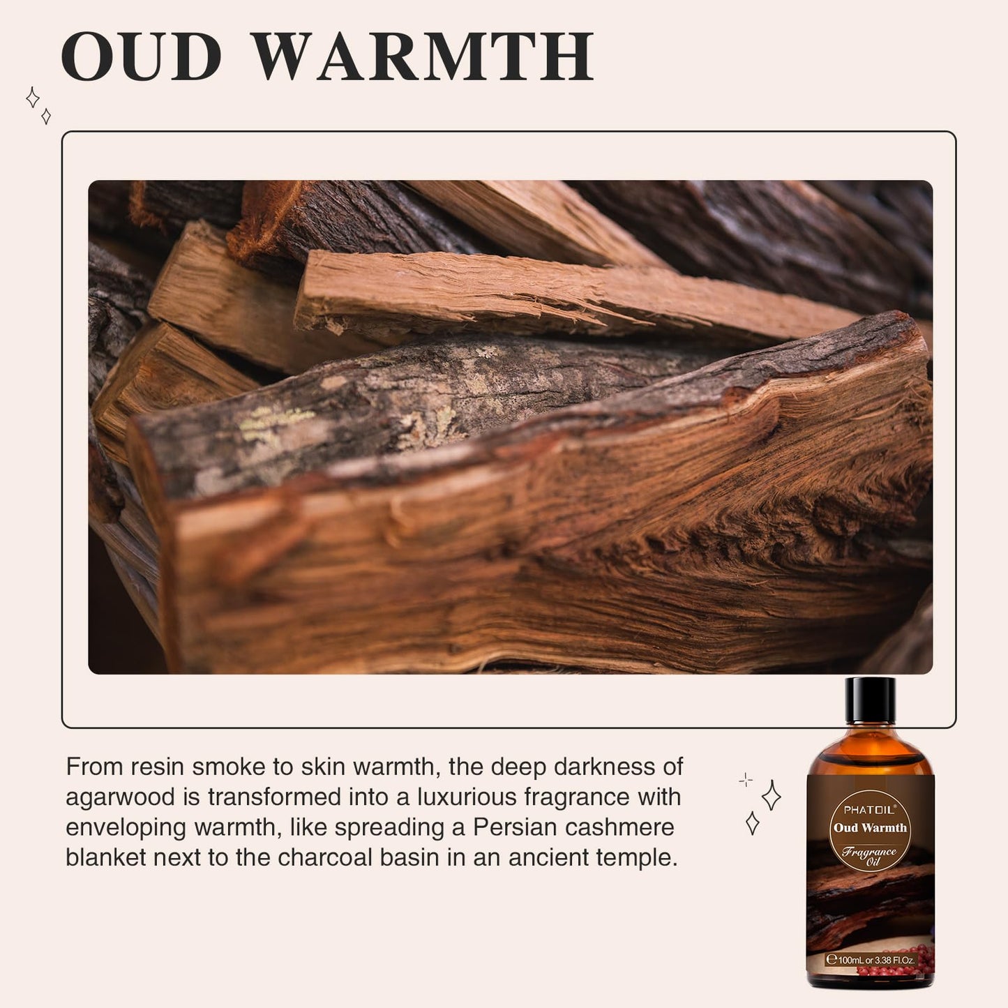 PHATOIL 3.38FL.OZ Oud Warmth Fragrance Oils for Aromatherapy, Essential Oils for Diffusers for Home, Perfect for Diffuser, Yoga, Skin Care, DIY Candle and Soap Making - 100ml