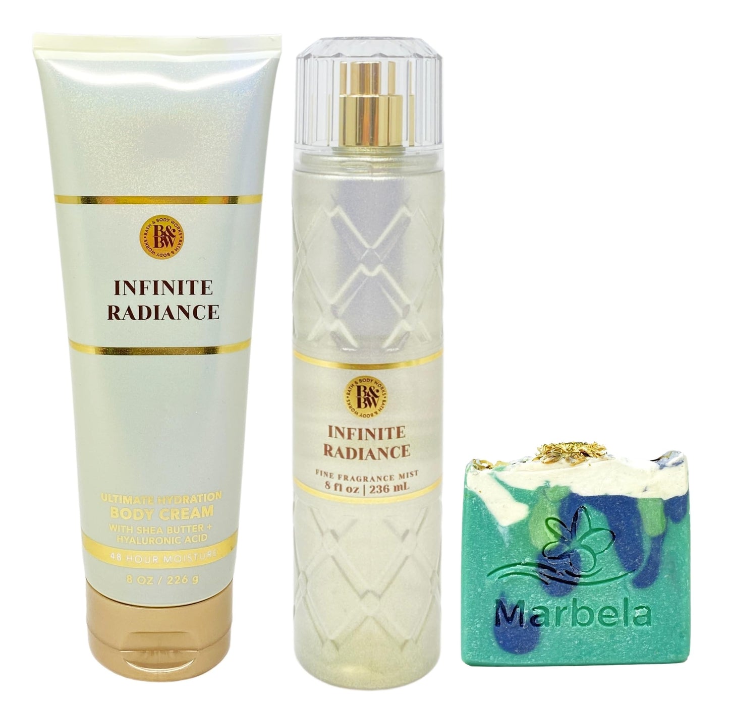 Bath & Body Works Infinite Radiance Body Cream and Fragrance Mist Duo Set with an Aloe Vera Bar Soap