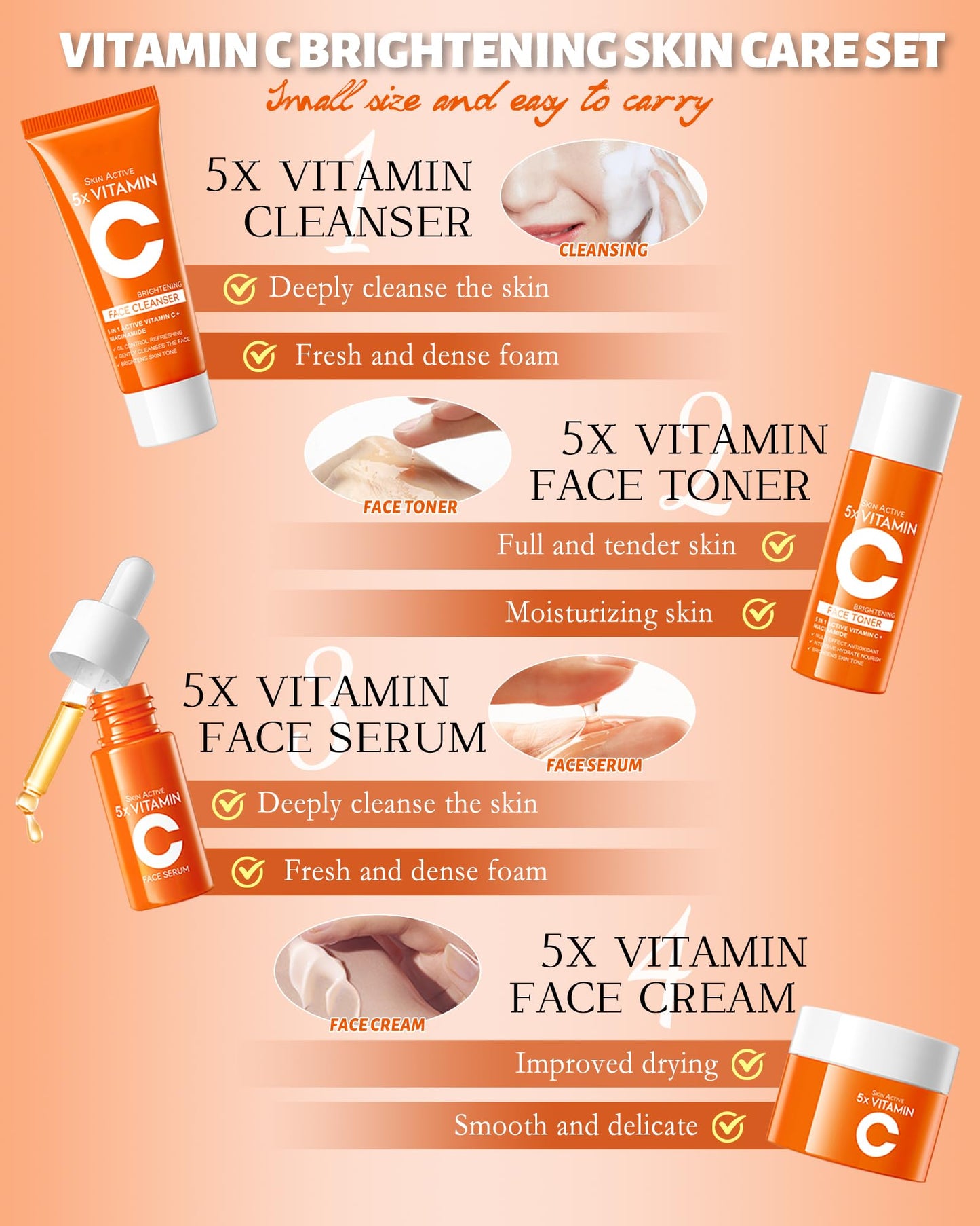 Skin Care Set,4 in 1 Vitamin C Soft Travel Kit with Cleanser,Toner,Serum,Face Cream,Moisturizing Firming Anti-Aging Soft Skin,Women’s Mother's Day Skincare Beauty Gift Kit for Women Mom