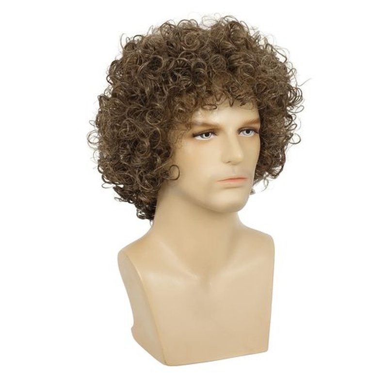 Dai Cloud Mens Light Brown Curly Wig Short Fluffy Brown Rocker Wigs Synthetic Halloween Cosplay Costume Hair Wigs For Male Guys (Light Brwon)