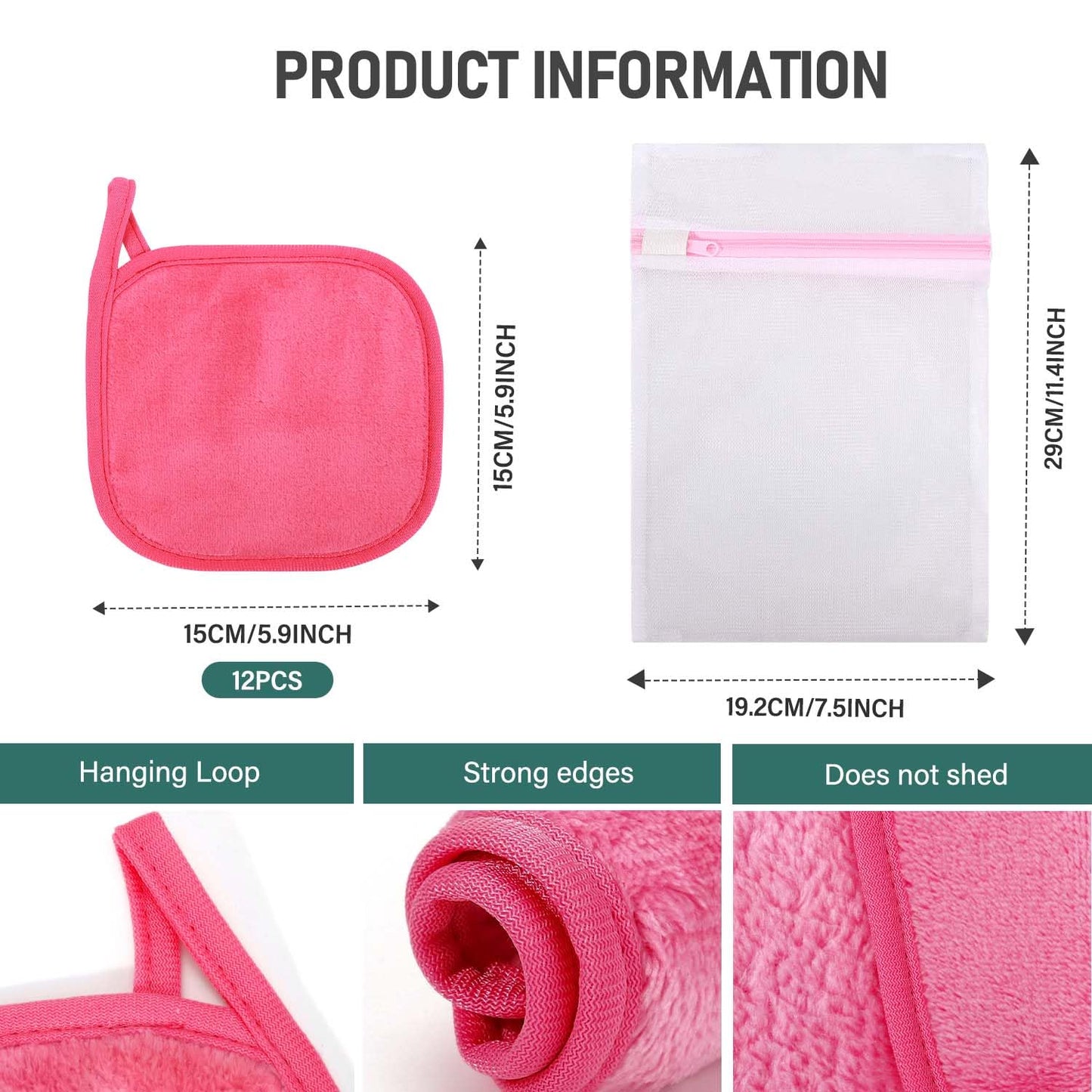 12 Pack Makeup Remover Cloth, 6" x 6" Reusable Makeup Remover Towels Face Washcloth for Washing Face, Makeup Remover Pads Cosmetic Face Wash (Pink)