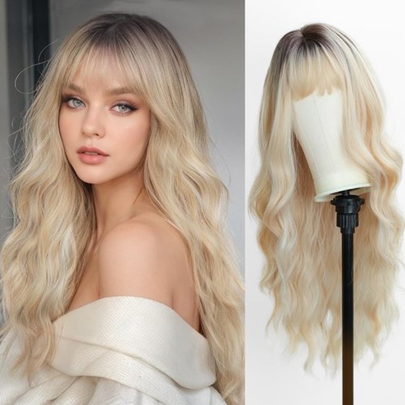 TOPHR Long Ombre Blonde Wig with Bangs 26 Inch Natural Wavy Heat Resistant Fiber Synthetic Wigs for Women Daily or Party Wear