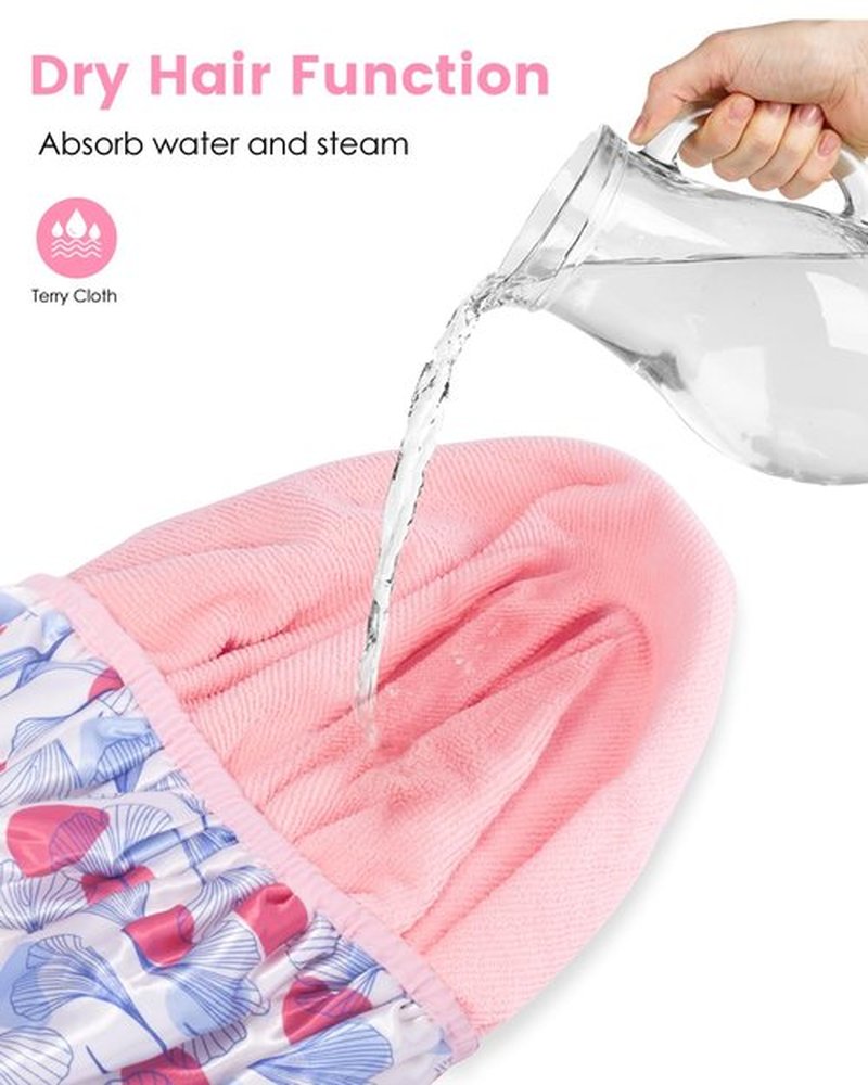 Auban Shower Cap, Shower Cap for Women Terry Cloth Lined EVA Exterior Reusable Double Layer Waterproof, Large Bath Hair Cap, Hotel Travel Essentials Accessories Cleaning Supplies (Flower)