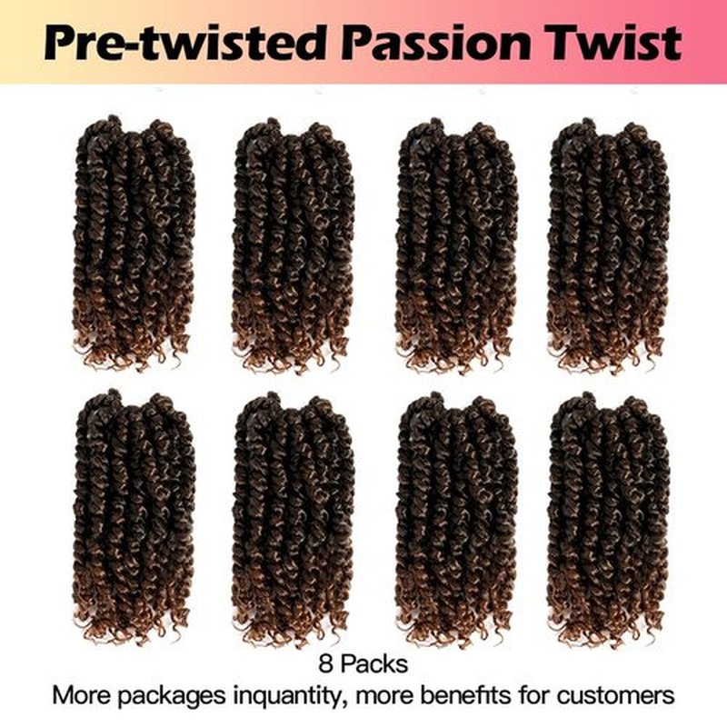Niseyo 8 Inch Passion Twist Hair Pre-twisted 8 Packs Pre-looped Crochet Passion Twist Crochet Hair Short Braids (8 Packs, Ombre Medium Dark Brown)