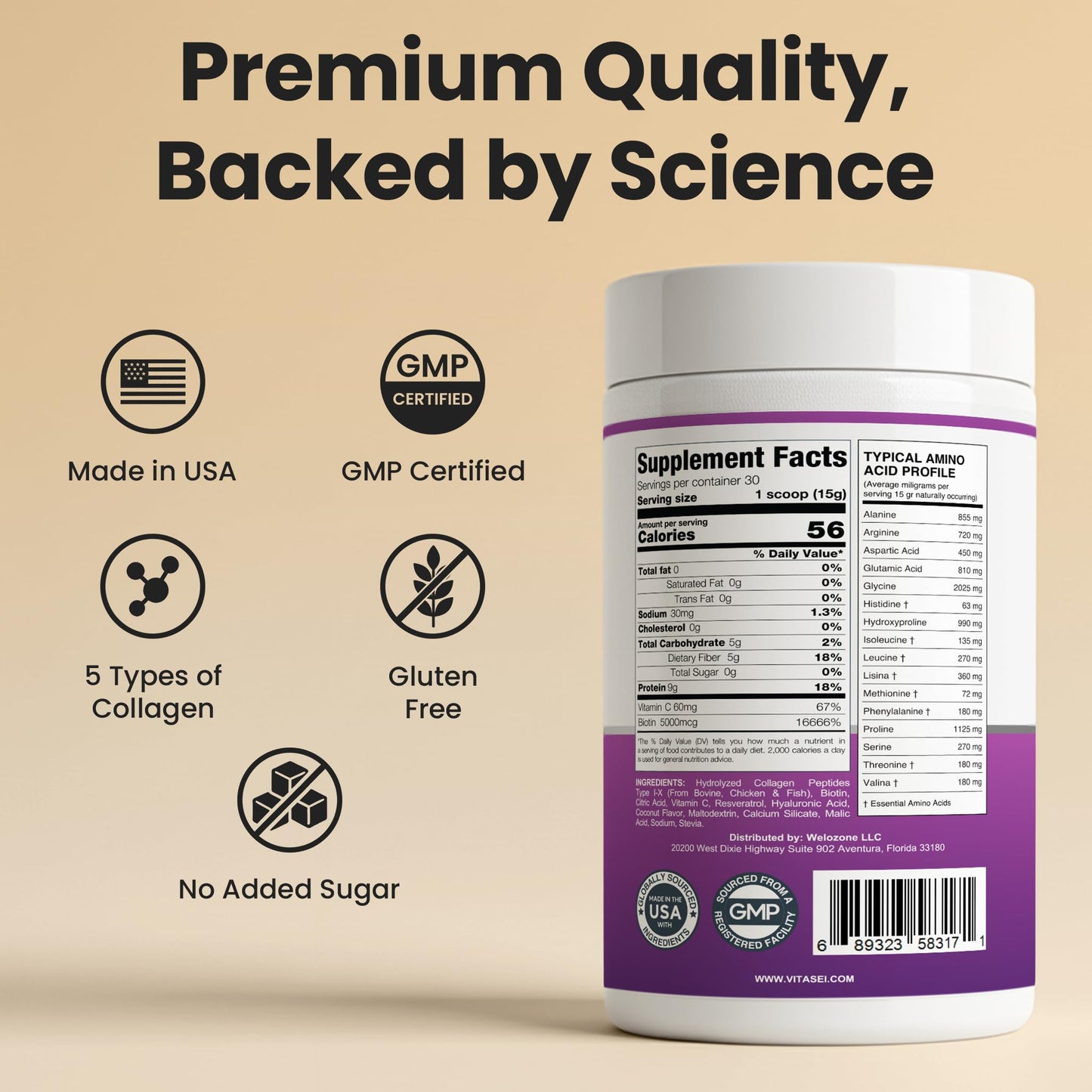 VITASEI Collagen Peptides Powder – Hydrolyzed Collagen with Resveratrol, Vitamin C & Hyaluronic Acid – Hair, Skin, Nails & Joint Support – Coconut Flavor, 16 oz (30 Servings)