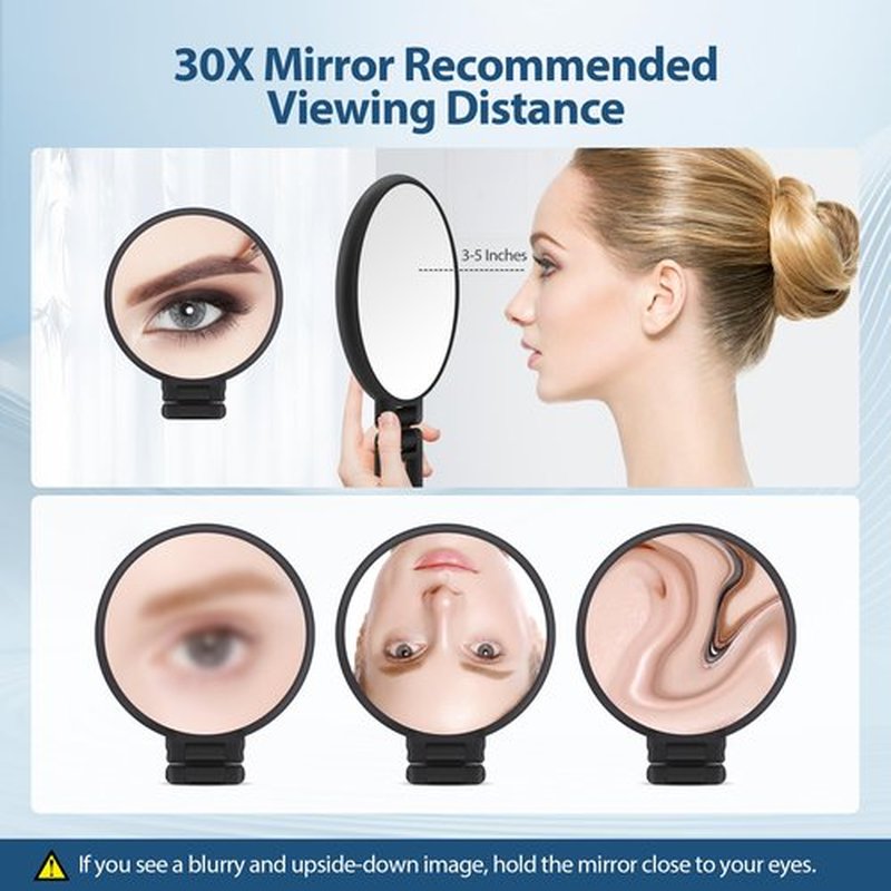 B Beauty Planet 30X Magnifying Mirror, Hand Mirror with Handle, Double Sided Hand Mirror with 30X/1X Magnification, Essential Travel Mirror, Portable Foldable Makeup Mirror for Precision Makeup Black