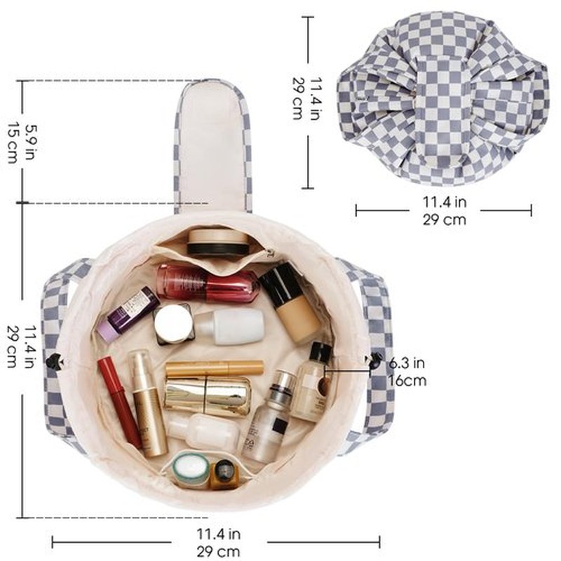 Barrel Drawstring Checkered Makeup Bag Large Cosmetic Bag Make up Bags Toiletry Organizer for Women (Grayish Blue Checkerboard) (Patent)