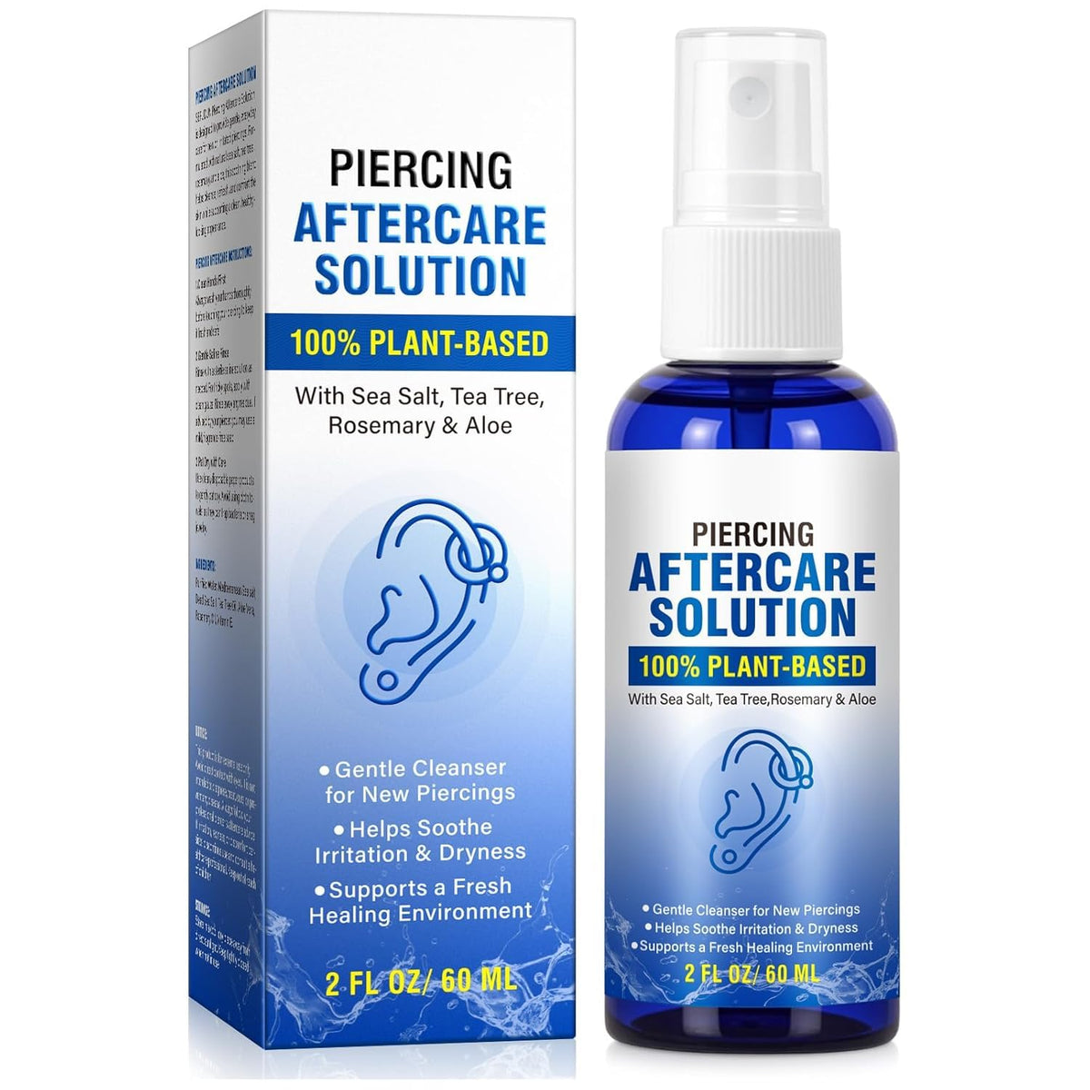 Piercing Aftercare Spray, Piercing Aftercare Solution, Sea Salt Spray for Body and Facial Piercings, Ear, Nose, Navel, Oral & Body Piercing Cleaner, Fine Mist 2 Fl Oz