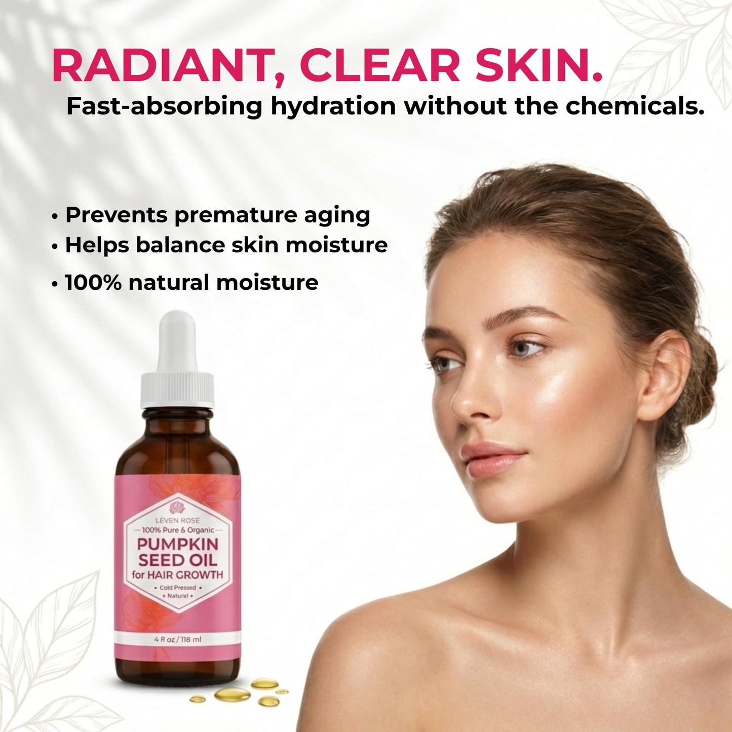 Leven Rose Organic Pumpkin Seed Oil, 4 oz, Pure Cold Pressed Unrefined Hexane Free Oil for Hair Growth, Scalp, Skin and Face, Made in USA with USA Grown Seeds