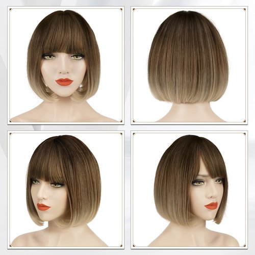 SOFEIYAN Short Straight Ombre Brown Bob Wigs with Bangs Synthetic Wigs Colorful Daily Party Cosplay Hair Wig for Women Ladies 12 inch Short Bob Wigs