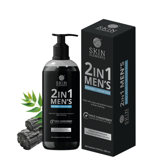 Skin Elements 2-in-1 Body Wash & Intimate Wash for Men| Deep Cleansing Shower Gel| Infused with Activated Charcoal & Neem Extracts| Thicker Consistency | Controls Odor| All Skin Types | 16.9 fl oz