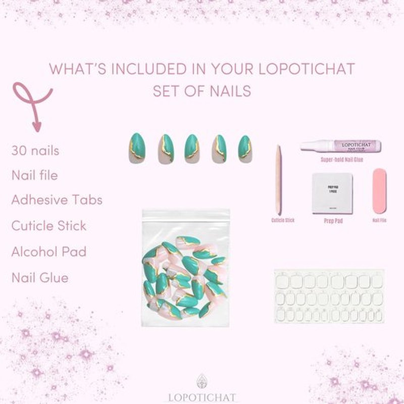 Lopotichat Press On Nails - Cascade Turquoise | Soft Gel X Nail Kit - 30pcs Short Almond Nails in 15 Sizes | Reusable Fake Nails with Glue for Perfect Spring Nails | Achieve Effortless Style