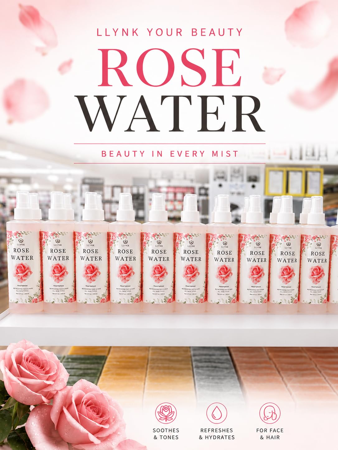 LLYNK Rose Water Facial & Hair Spray, 8 fl oz Hydrating Mist, Refreshing Toner for Skin & Scalp, Alcohol-Free, Hydrates and Soothes