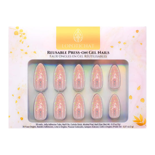 Lopotichat Ultra-Resistant Gel Press-On Nails Set - 30 Nails in 15 Sizes for Perfect & Natural Fit - Reusable Manicure for DIY Salon-Quality Nails at Home (Glitterati)