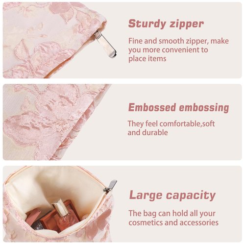 ZLFSRQ Flower Makeup Bag Travel Cute Floral Cosmetic Bags for Women Large Makeup Pouch Zipper Cosmetic Pouch for Purse Aesthetic Embossed Pink Makeup Organizer Bag Portable Toiletry Bag
