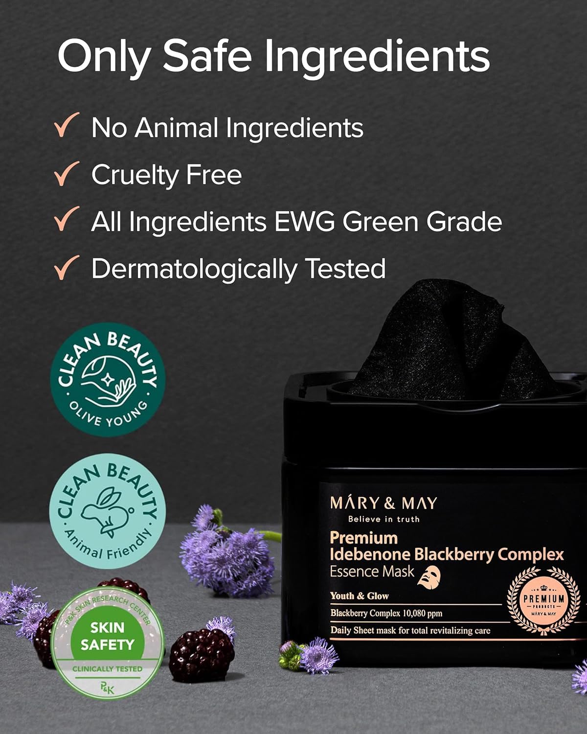 Mary&May Idebenone Blackberry Essence Mask, Bamboo Charcoal, 20 Sheets