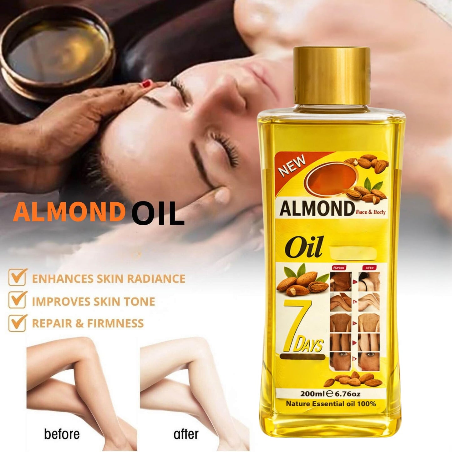 Almond Oil for Massage and Skin Moisturizing, Lightweight Hydrating Body Oil for Dry Skin, Spa Body Care Oil with Almond Extract, 200ml / 6.76 fl oz