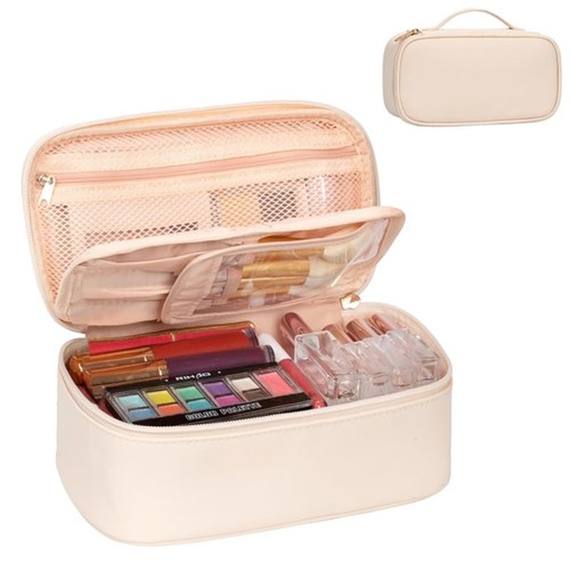 OCHEAL Small Makeup Bag,Portable Cute Travel Makeup Bag Pouch for Women Girls Makeup Brush Organizer Cosmetics Bags with Compartment-Beige