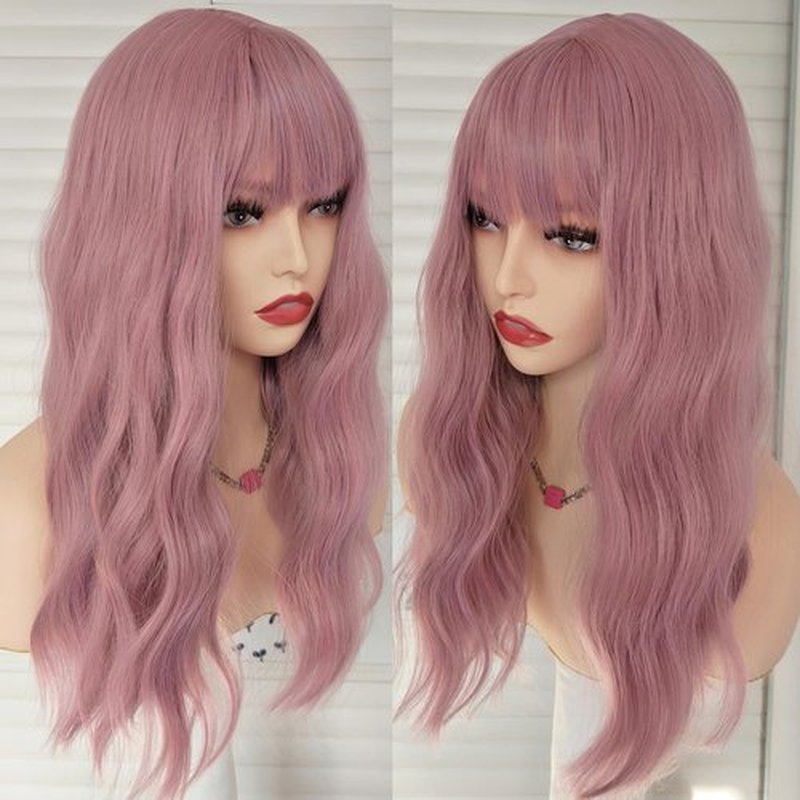 curldiva Pink Bob Wigs with Bangs 16 Inch Loose Wave Curly Wig for Women Shoulder Length Colored Synthetic Hair Daily Wig Lovly Pink Heat Friendly