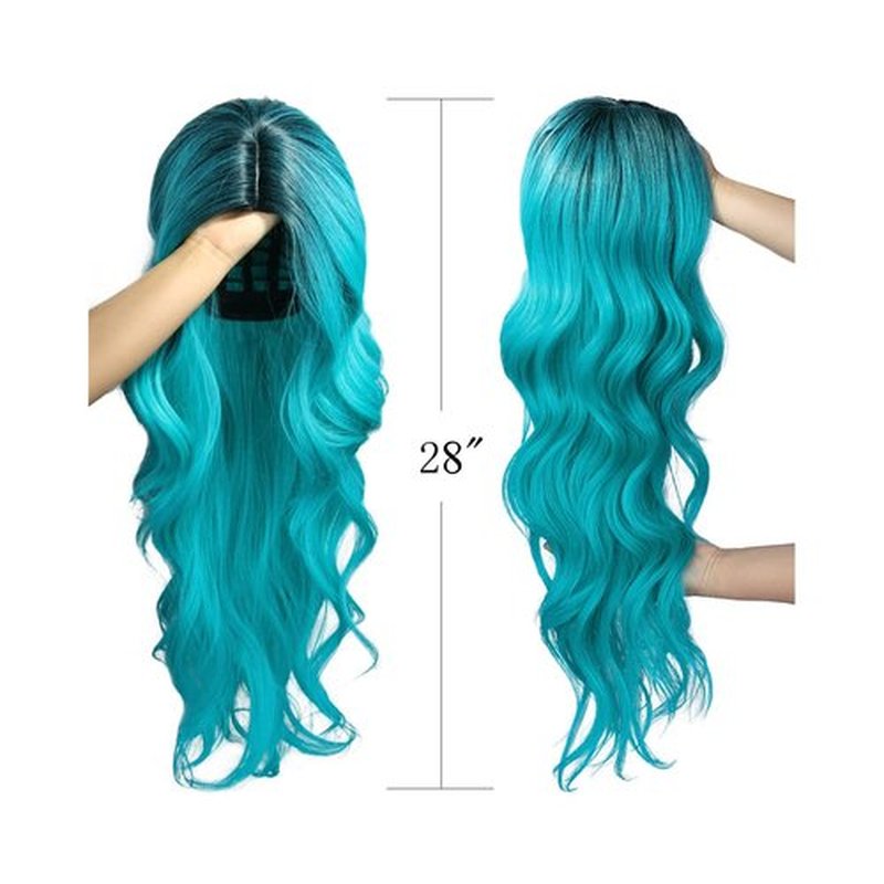 Fancy Hair Ombre Wig Bluish Light Blue Wigs Long Curly Wavy Hair Wigs 2 Tones Dark Roots Synthetic Teal Daily Party Cosplay Wigs for Women