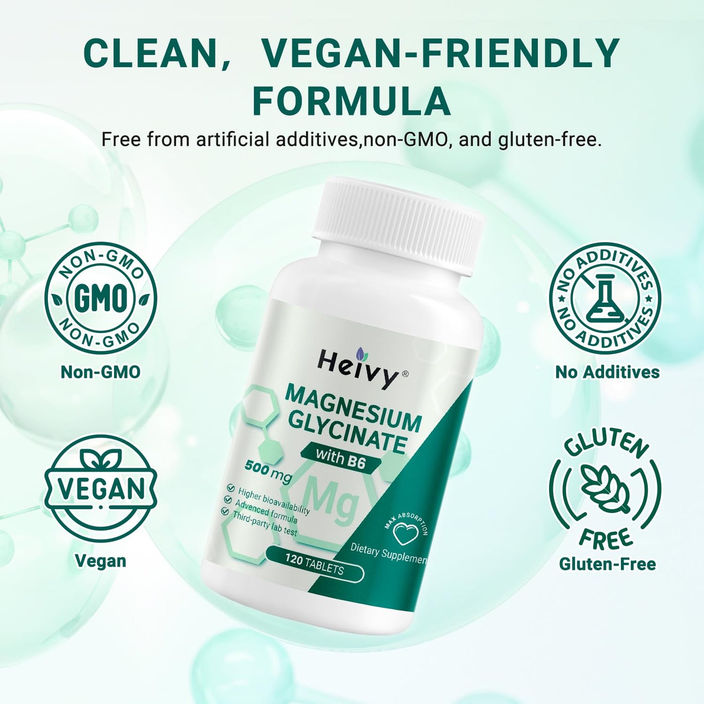 Heivy Magnesium Glycinate 500mg with Vitamin B6, 100% Chelated & Purified Supports Nerve Relief, Sleep Aid & Muscle Support, Vegan & Non-GMO, Made in USA, 3rd Party Tested, 120 Tablets
