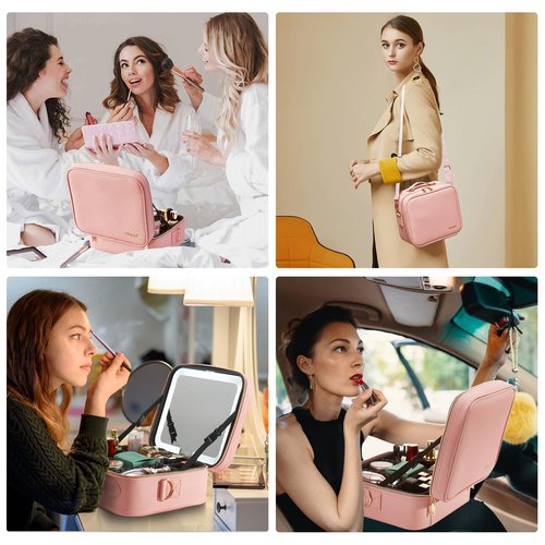 Mocado Travel Makeup Bag with LED Lighted Mirror,Travel Makeup Organizer,Makeup Case with 8 Makeup Brushes and 10x Magnifying Mirror,3 Colors Lighting, Adjustable Dividers Makeup Box(Pink)