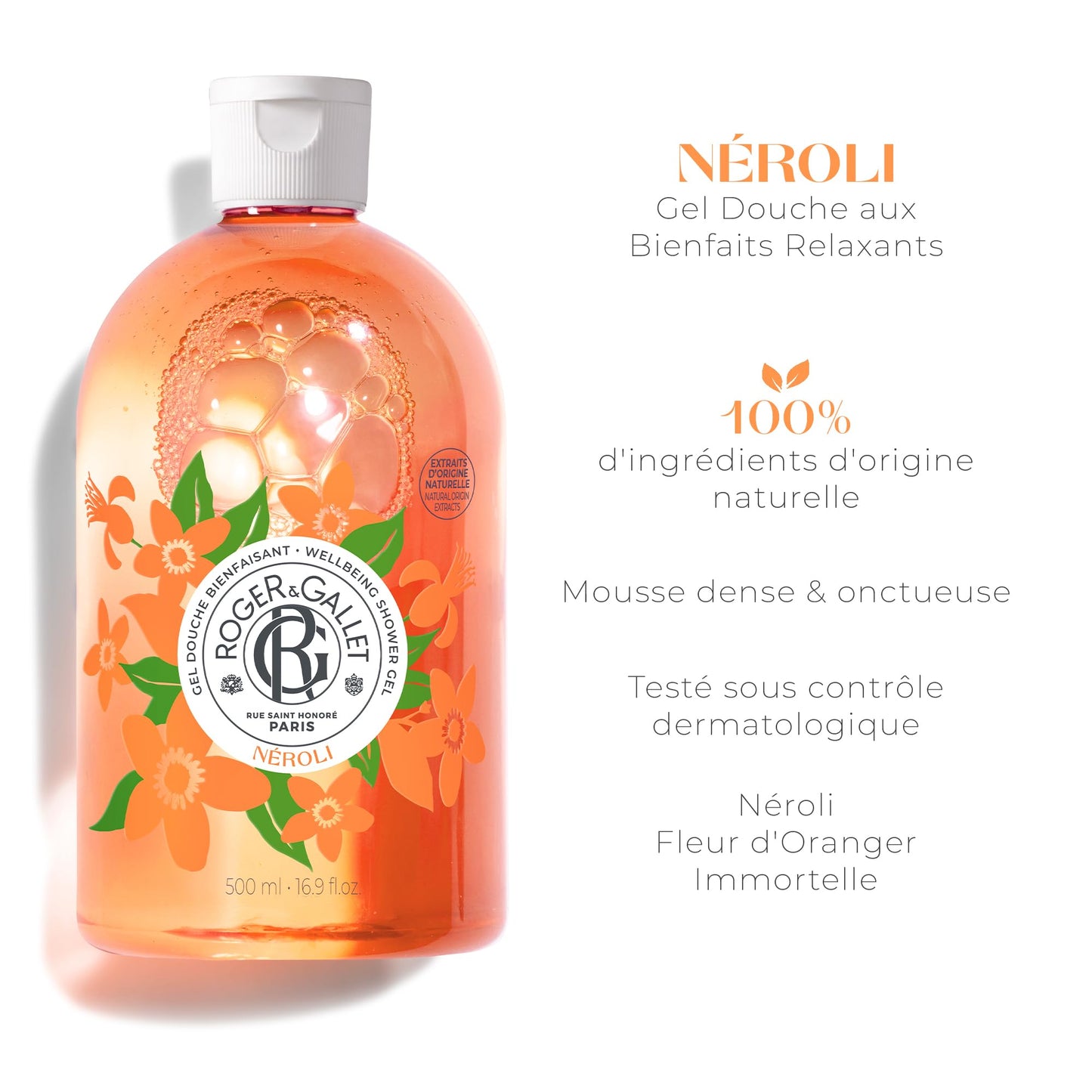 ROGER & GALLET Wellbeing Shower Gel – Plant-Based Hydrating Body Wash with Aloe Vera, Gentle Foaming Cleanser for Soft Skin (Neroli | 16.9 Oz)