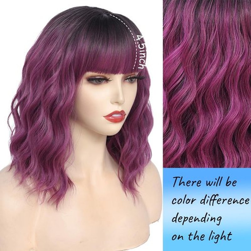 Short Wavy Purple Wig with Bangs 14inch Ombre Purple Wigs for Women Short Curly Bob Wigs Synthetic Natural Looking Hair Replacement Wigs Costume Cosplay Halloween Wig(14'' Purple)
