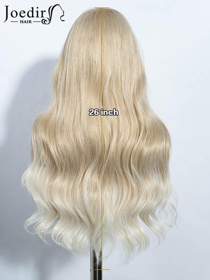 JOEDIR HAIR Blonde Wig with Bangs Long Wavy Wigs for Women with Curtain Bangs 26 Inch Synthetic Wig Halloween Costumes Cosplay Party Wigs