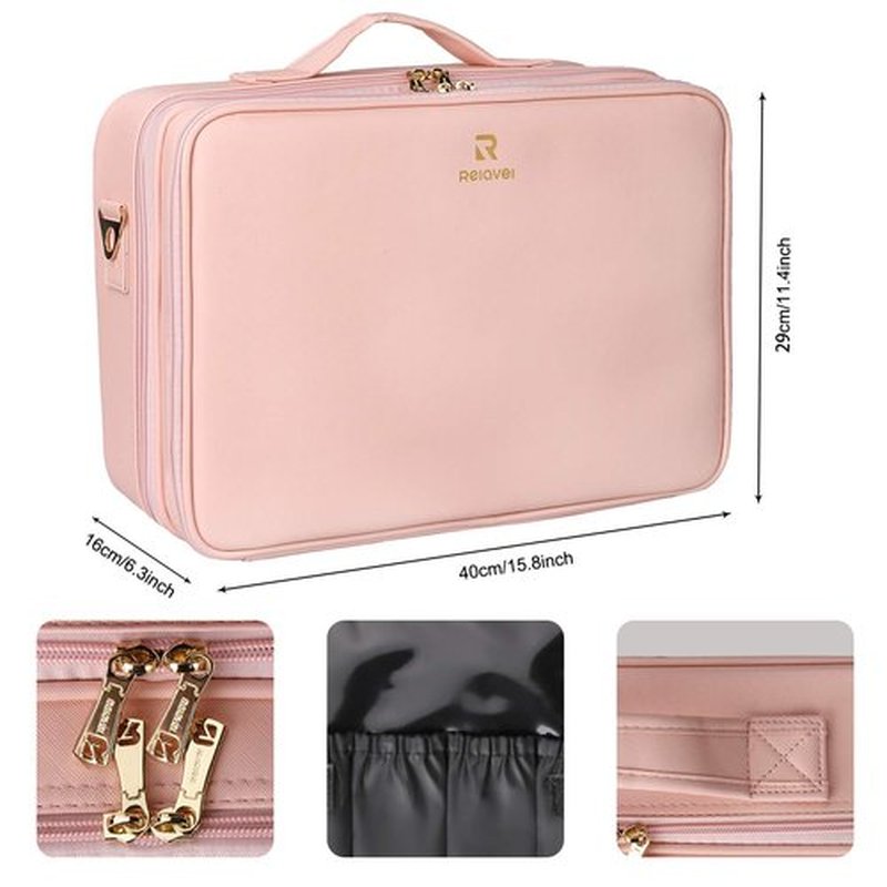 Relavel Makeup Case Large Makeup Bag Professional Train Case 16.5 inches Travel Cosmetic Organizer Brush Holder Waterproof Makeup Artist Storage Box, 3 Layer Large with Adjustable Strap (Pink)