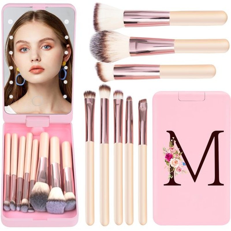 8-Piece Initials Makeup Brush Set With Led Light Mirror,Travel Makeup Brush Set,Monogrammed Gifts, Personalized Women'S Creative Gifts(Pink, M)