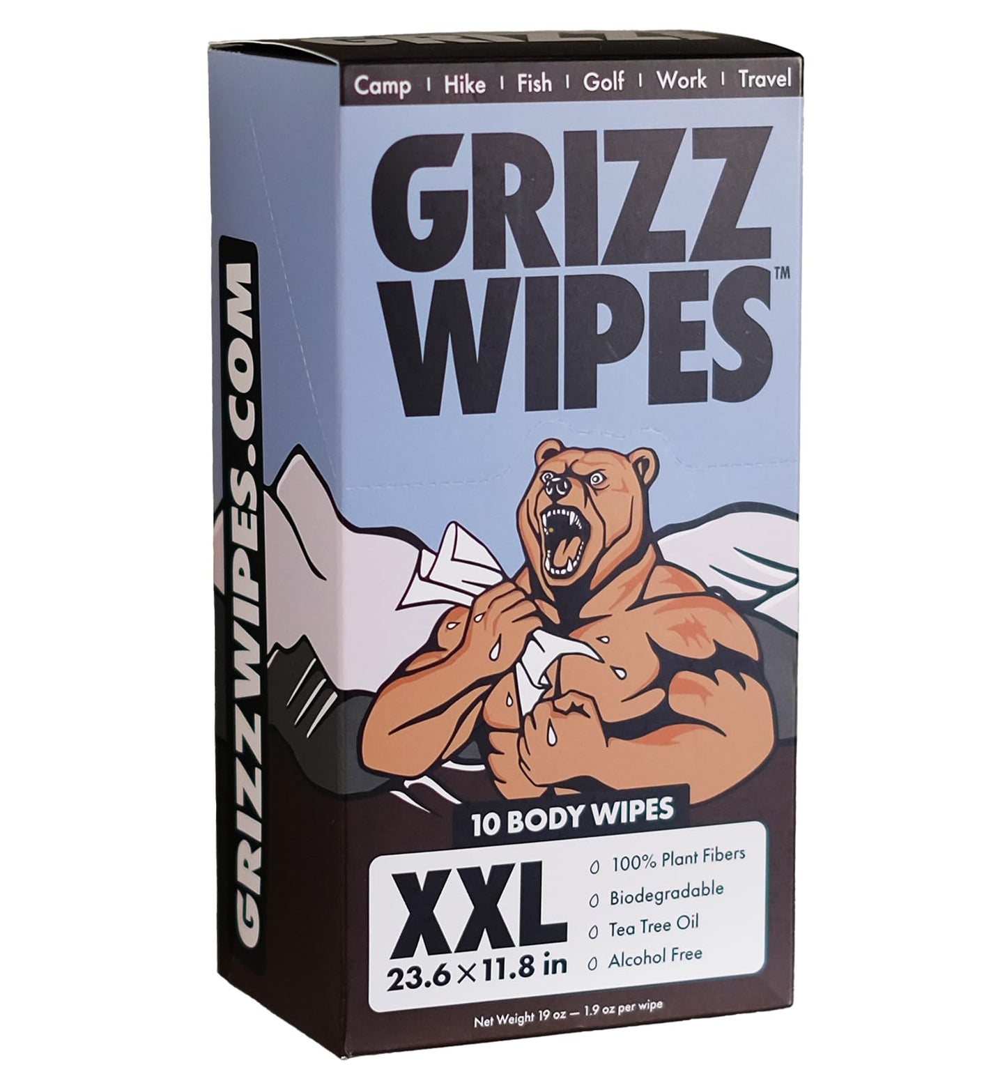 XXL Shower Wipes - Individually wrapped 23.6" * 11.6" large format body wipes. 100% plant fiber, Tea Tree oil infused, biodegradable, sustainably sourced. For face and body. Camp Fish Hunt Golf!