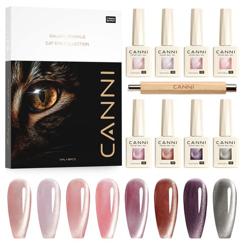 CANNI 8 Pcs 9 ML Cat Eye Gel Nail Polish Set, Jelly Pink Red Purple Glitter Rainbow Holographic Cat Eye Gel Polish Kit with Magnet Shimmer Colors Soak Off Led Nail Art Gel Manicure Salon DIY Gifts