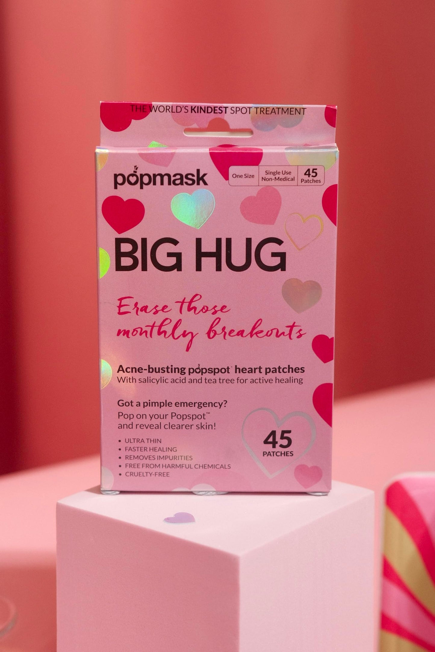 POPMASK Big Hug Hydrocolloid Pimple Patches Infused with Salicylic Acid to Treat Pimples & Soothing the Skin, 45 Coloured Heart Shaped Patches