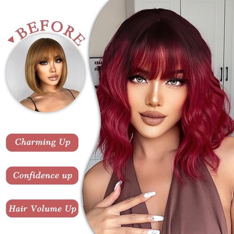 FimTim Short Wavy Bob Wig with Bangs for Women - Red Synthetic Wig for Daily Use