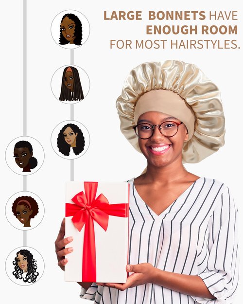Satin Bonnet for Women Silk Bonnets for Sleeping Curly Hair Bonnet with Elastic Tie Band Reversible Double Layer Sleep Cap Hair Wrap (Brown + Champagne)