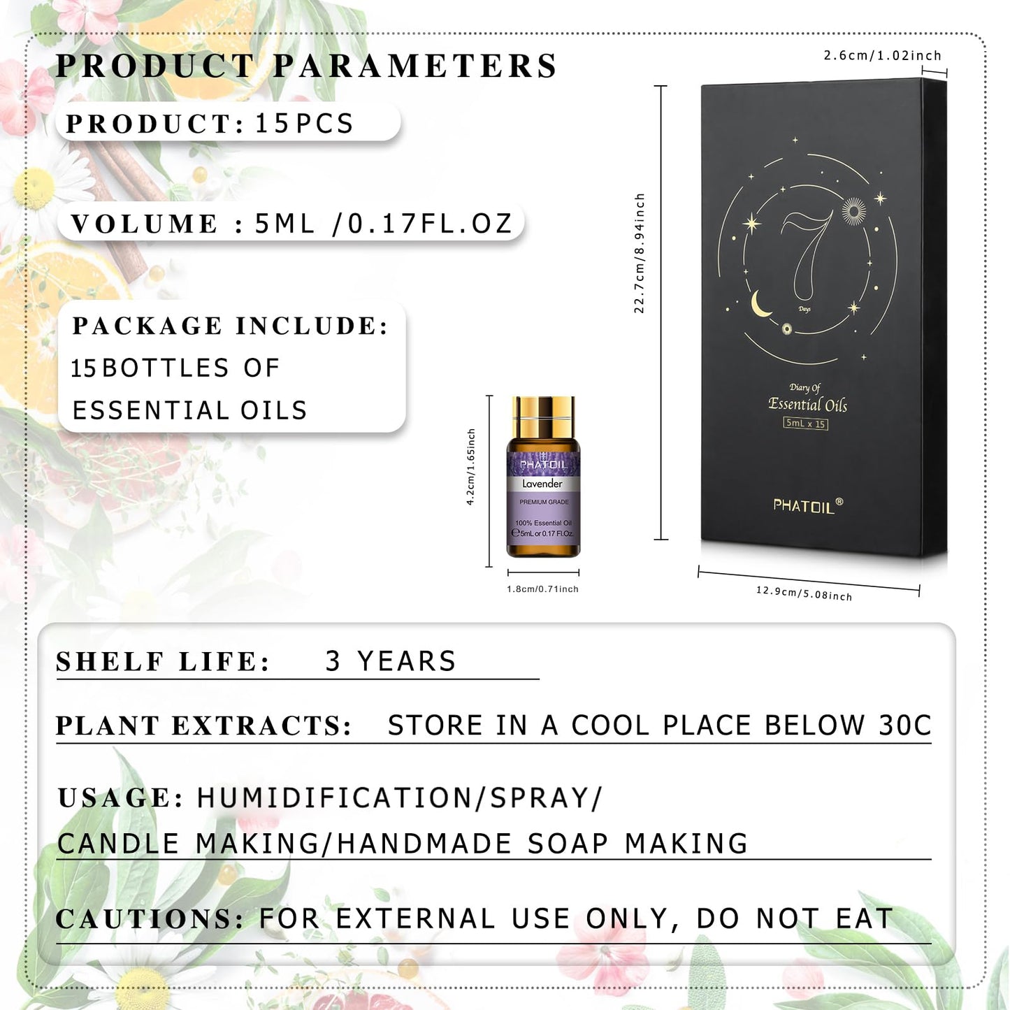 PHATOIL 15PCS Essential Oils Gift Set - Premium Quality 100% Natural Pure Essential Oils for Aromatherapy Diffuser Yoga Home Office Soap Candle Making- 5ml/Bottle