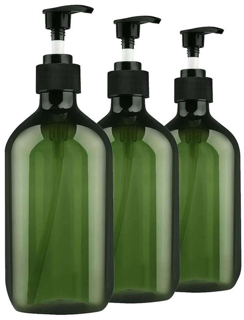 Empty Plastic Bottles with Pump Dispenser and 6pcs Labels Included, Refillable Travel Containers for Hand sanitizer Shampoo Lotion, etc - No BPA/Paraben, 500ml/16.9oz (3 Pack(Green))